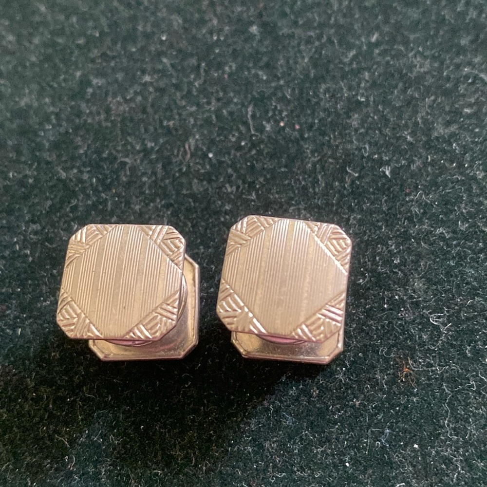 Silver toned cuff links with engraved geometric design 1950s 1/2” square